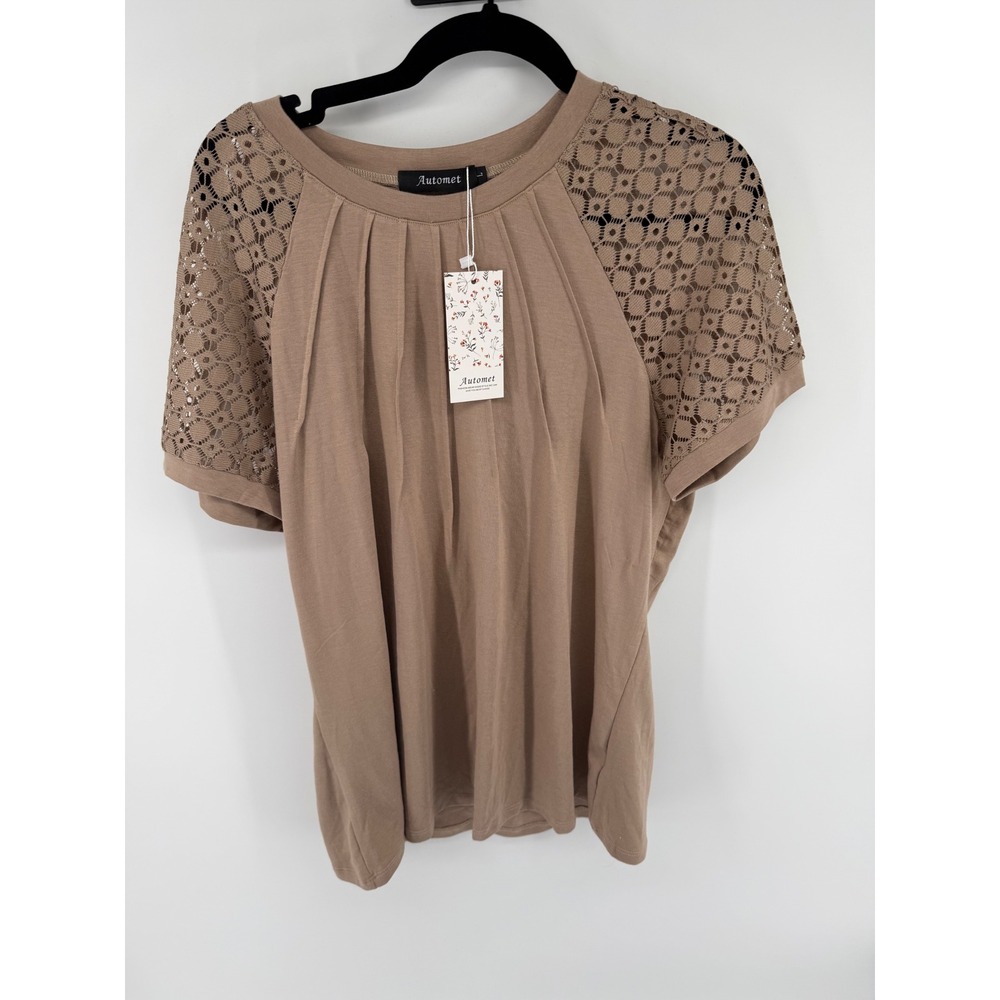 Automet Tan Crochet Lace Sleeve Pleated Neck Short Sleeve Blouse Top NWT Large
